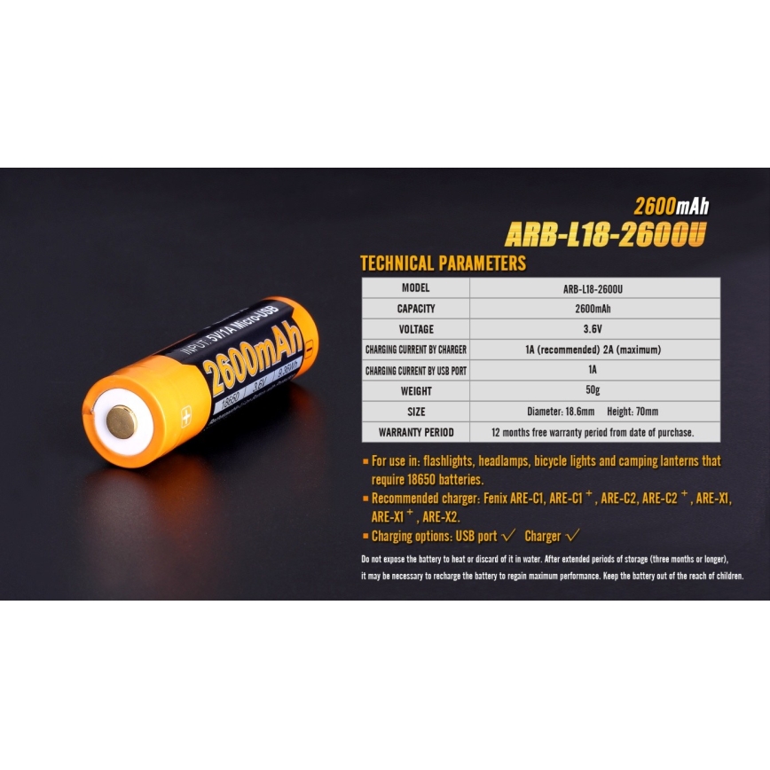 Fenix ​​FE18650LI26USB - 1kpl ladattava akku USB/3,6V 2600 mAh