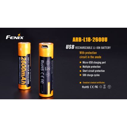Fenix ​​FE18650LI26USB - 1kpl ladattava akku USB/3,6V 2600 mAh