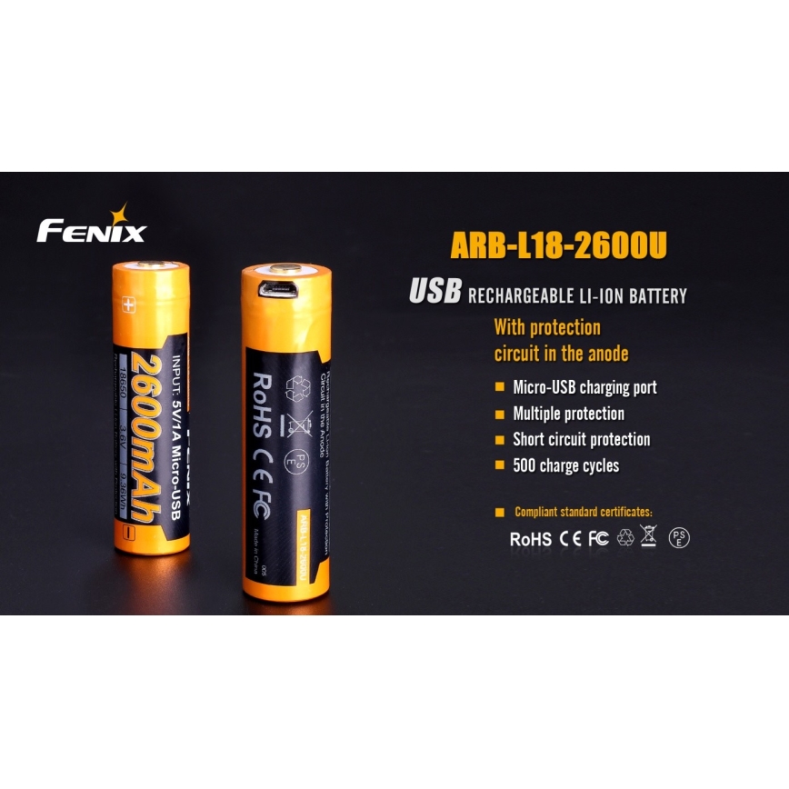 Fenix ​​FE18650LI26USB - 1kpl ladattava akku USB/3,6V 2600 mAh