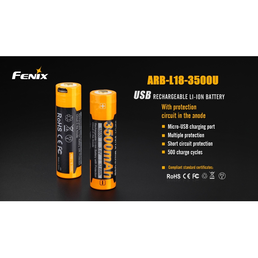 Fenix ​​FE18650LI35USB - 1kpl uudelleenladattava patteri USB/3,6V 3500 mAh