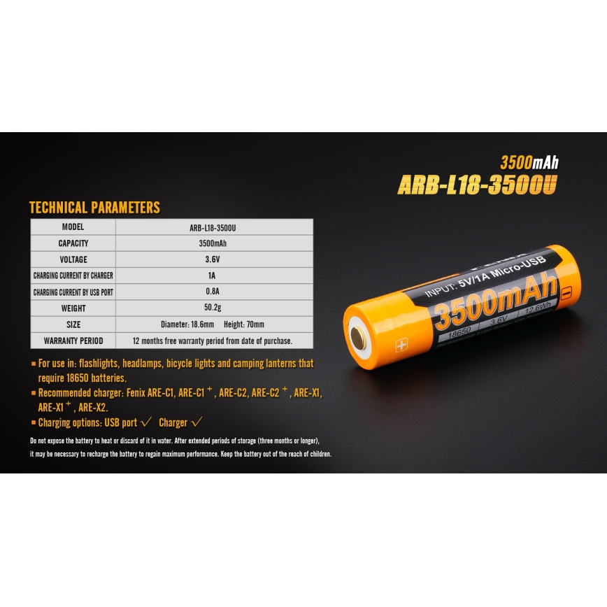 Fenix ​​FE18650LI35USB - 1kpl uudelleenladattava patteri USB/3,6V 3500 mAh