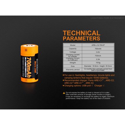 Fenix ​​FERCR123ALIIONUP - 1kpl ladattava akku USB/3,6V 700 mAh