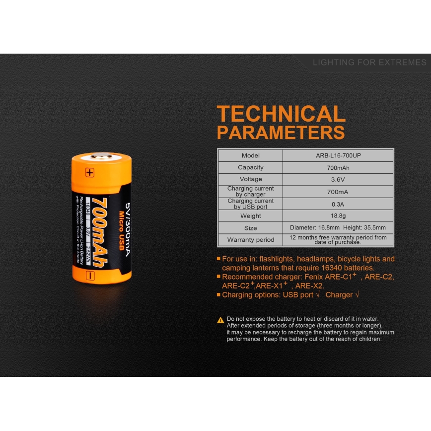 Fenix ​​FERCR123ALIIONUP - 1kpl ladattava akku USB/3,6V 700 mAh