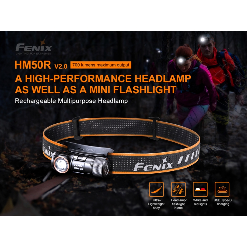 Fenix ​​HM50RV20 - LED ladattava otsalamppu 3xLED/1xCR123A IP68 700 lm 120 h