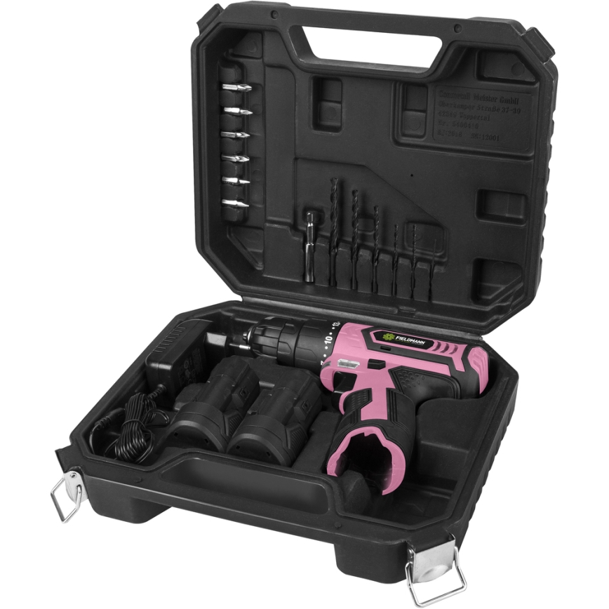Fieldmann - Akkuporakone tarvikkeineen 12V 1300 mAh pinkki/musta