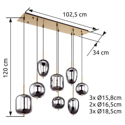 Globo - Kattokruunu johdossa 8xE14/40W/230V savuinen