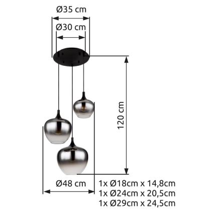 Globo - Kattokruunu johdossa 3xE27/40W/230V halkaisija 48 cm musta