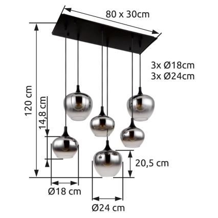 Globo - Kattokruunu johdossa 6xE27/40W/230V musta