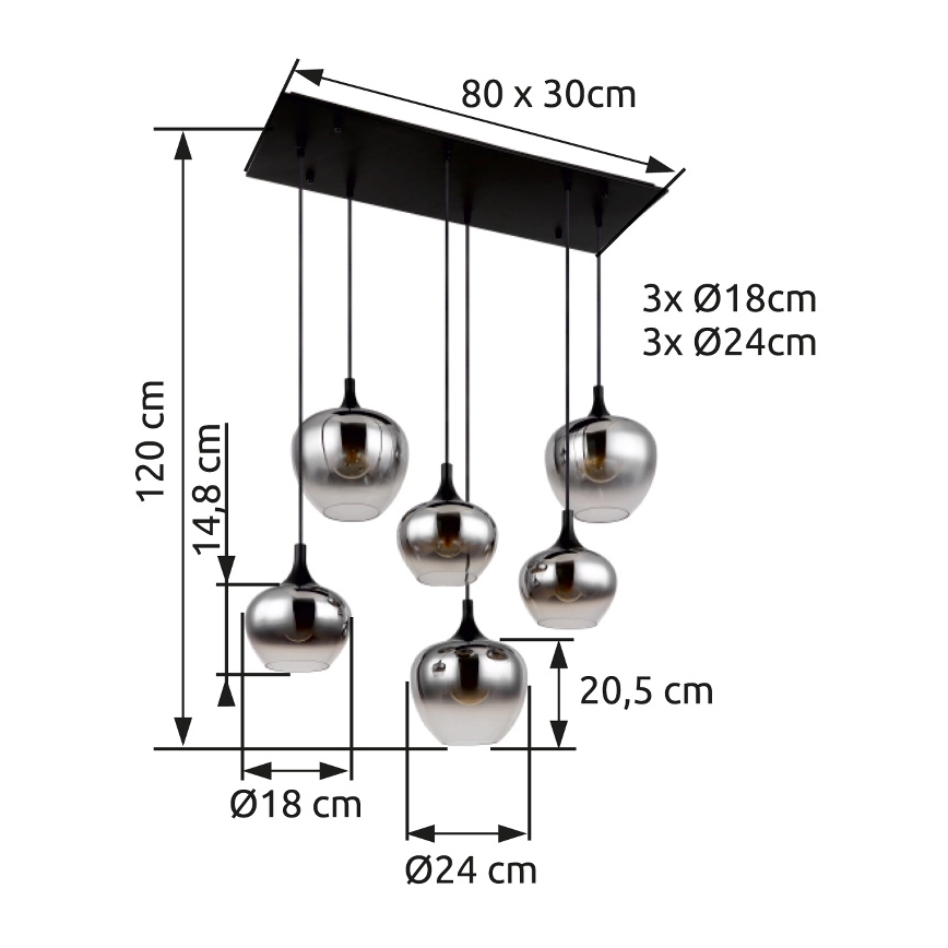 Globo - Kattokruunu johdossa 6xE27/40W/230V musta
