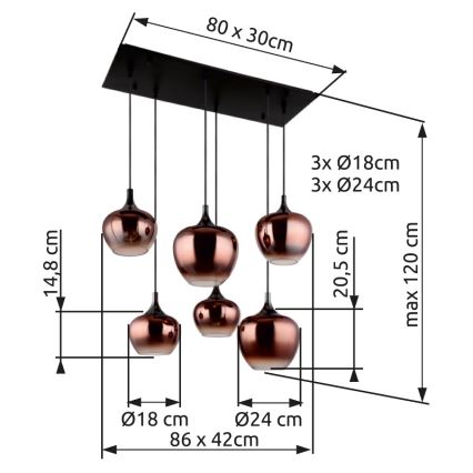Globo - Kattokruunu johdossa 6xE27/40W/230V ruskea/savuinen