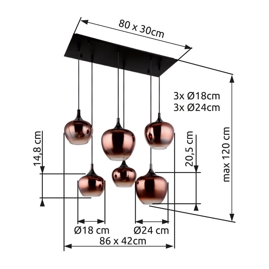 Globo - Kattokruunu johdossa 6xE27/40W/230V ruskea/savuinen
