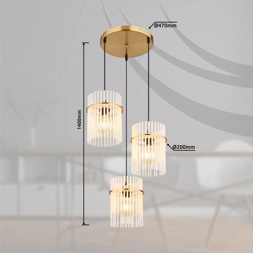 Globo - Kattokruunu johdossa 3xE27/60W/230V halkaisija 47 cm kulta