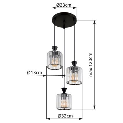 Globo - Kattokruunu johdossa 3xE27/60W/230V halkaisija 32 cm musta