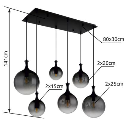 Globo - Kattokruunu johdossa 6xE27/10W/230V musta