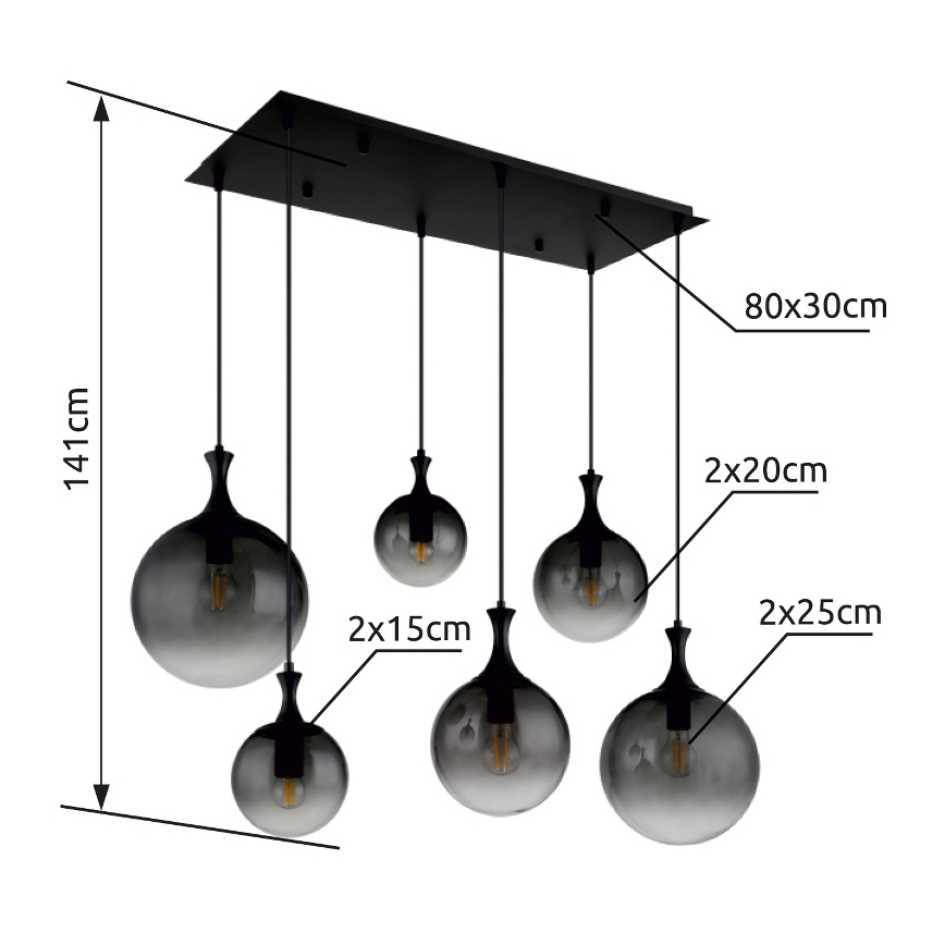 Globo - Kattokruunu johdossa 6xE27/10W/230V musta