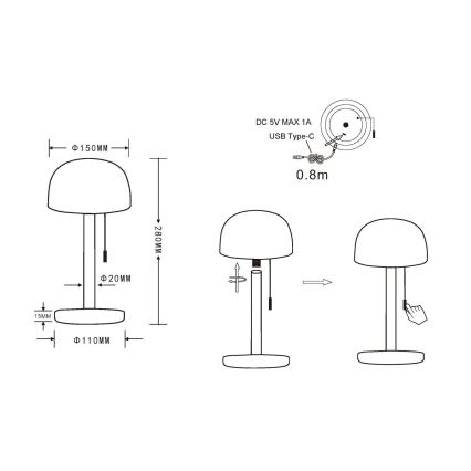 Globo - LED Ladattava pöytävalaisin LED/1,5W/3,7V 3000/4200/6000K 1800mAh musta