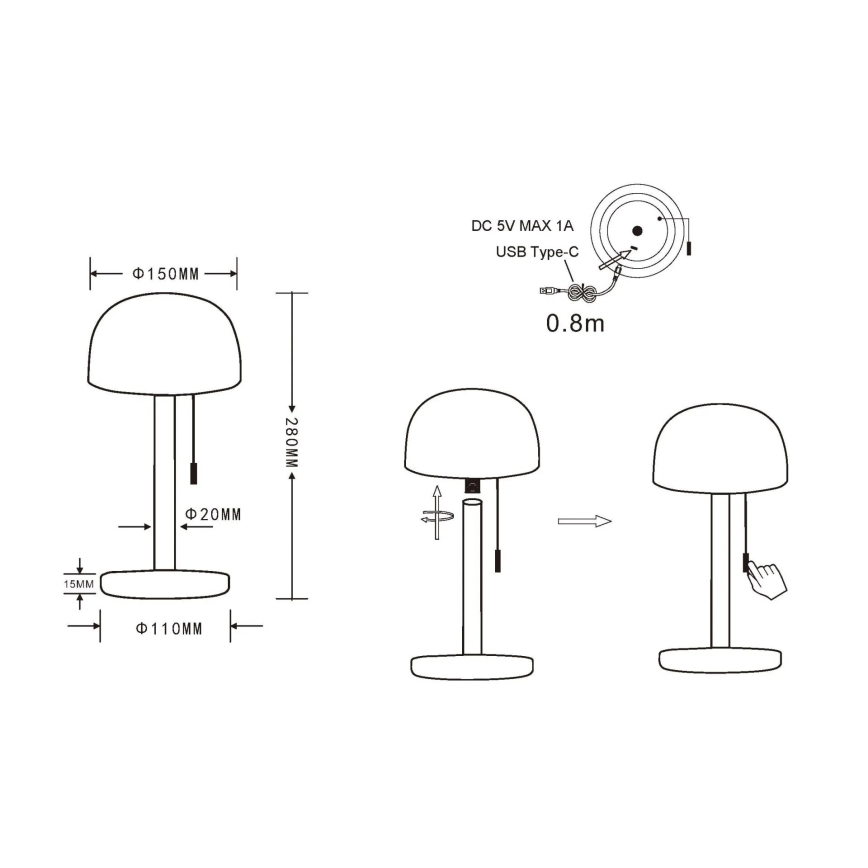Globo - LED Ladattava pöytävalaisin LED/1,5W/3,7V 3000/4200/6000K 1800mAh musta