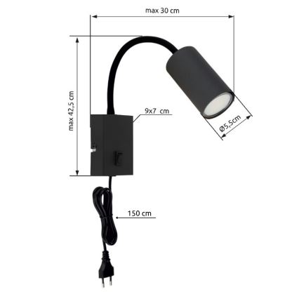 Globo - Joustava seinävalaisin 1xGU10/25W/230V musta