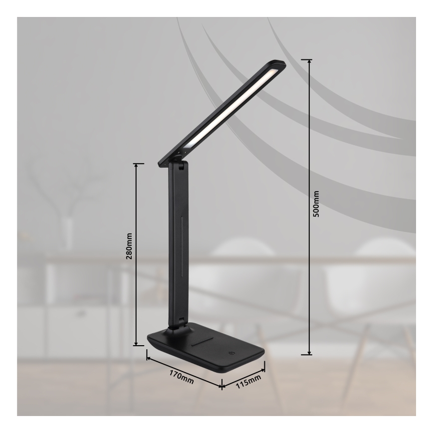 Globo - LED, kosketuksella himmennettävä ladattava pöytälamppu, 4W/5V, 2700/4000/6500K, 1800 mAh, musta