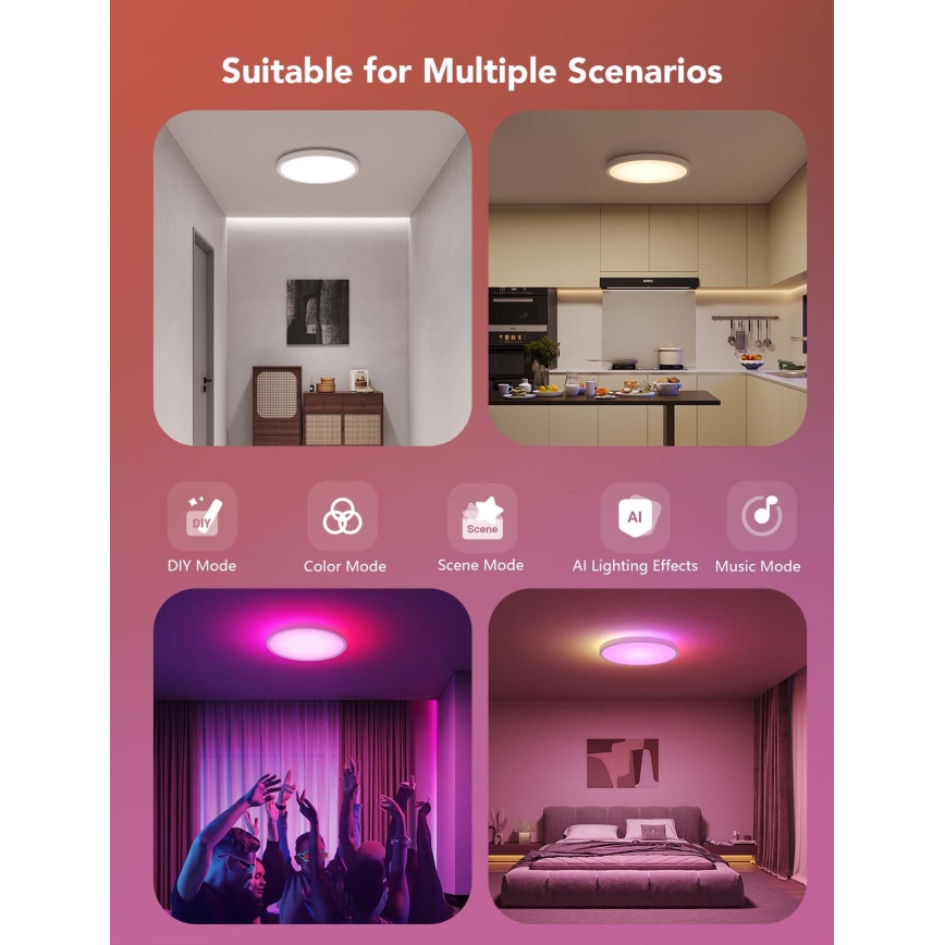 Govee - LED RGBICWW himmennettävä kattovalaisin LED/29W/230V, halkaisija 30 cm, mattapintainen, Wi‑Fi