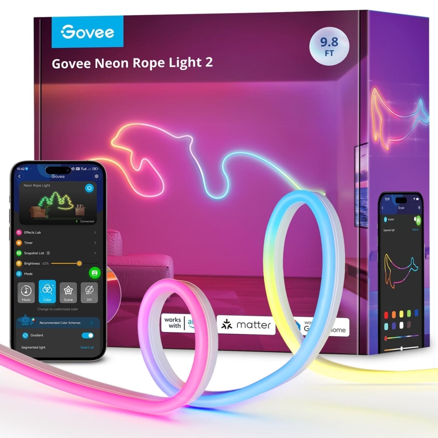Govee - Neon 2 MATTER taivutettava LED-nauha 3m RGBIC Wi-Fi IP67