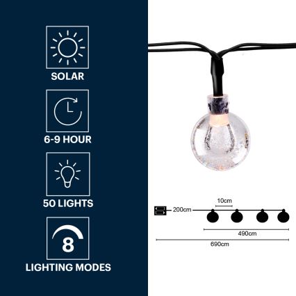 Grundig - LED-aurinkoketju 50xLED/8 toiminnot 6,9m lämpimänvalkoinen