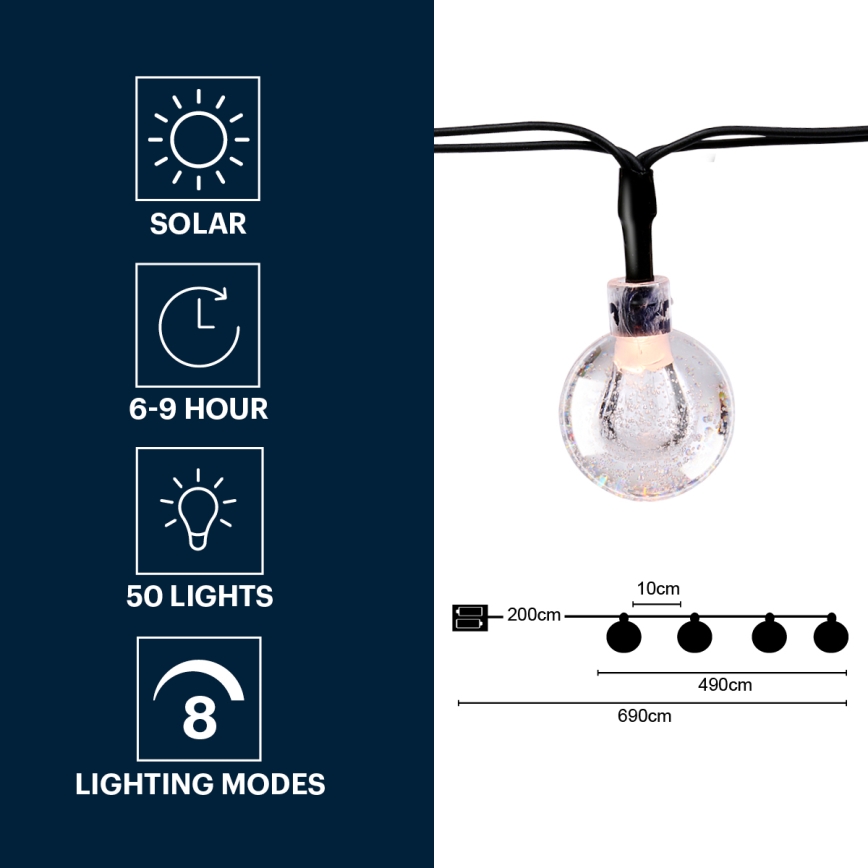 Grundig - LED-aurinkoketju 50xLED/8 toiminnot 6,9m lämpimänvalkoinen