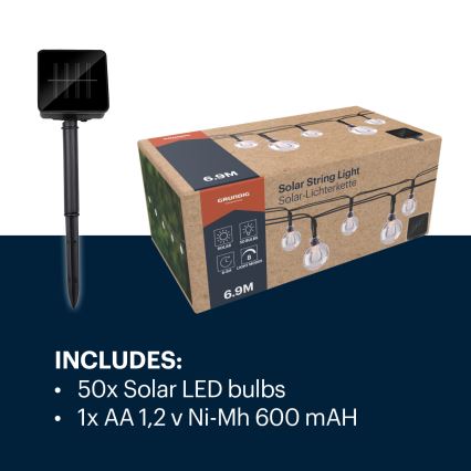 Grundig - LED-aurinkoketju 50xLED/8 toiminnot 6,9m lämpimänvalkoinen