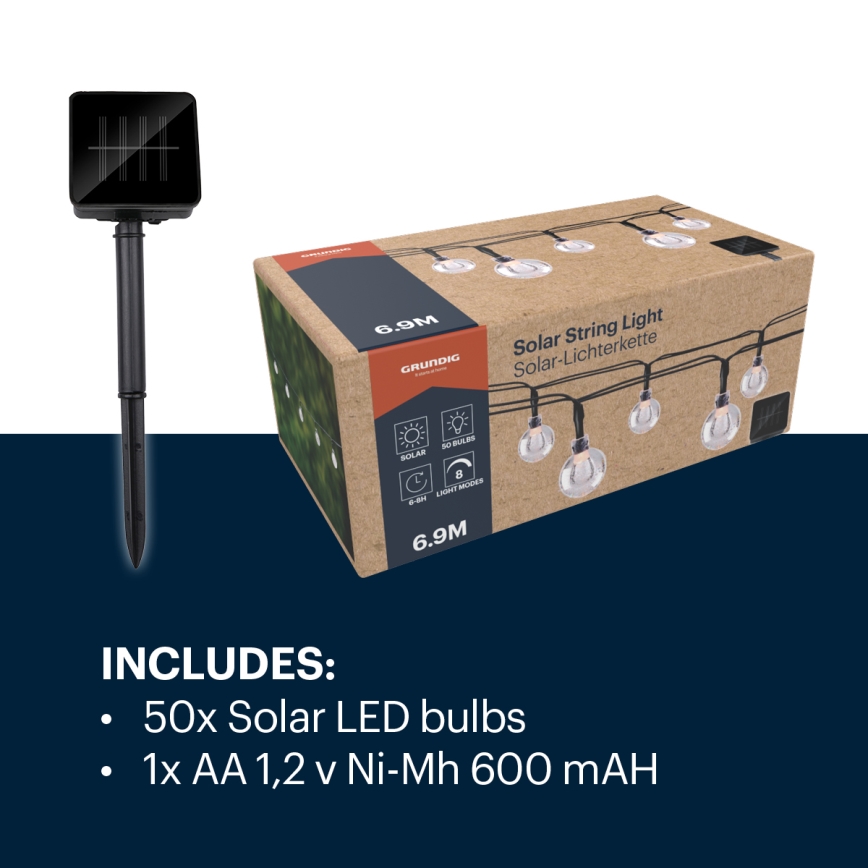 Grundig - LED-aurinkoketju 50xLED/8 toiminnot 6,9m lämpimänvalkoinen
