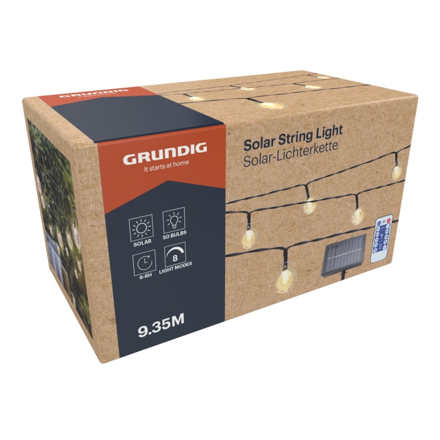 Grundig - LED Himmennettävä aurinko ketju 50xLED/8 toiminnot 9,35m IP44 lämpimänvalkoinen + kauko-ohjaus