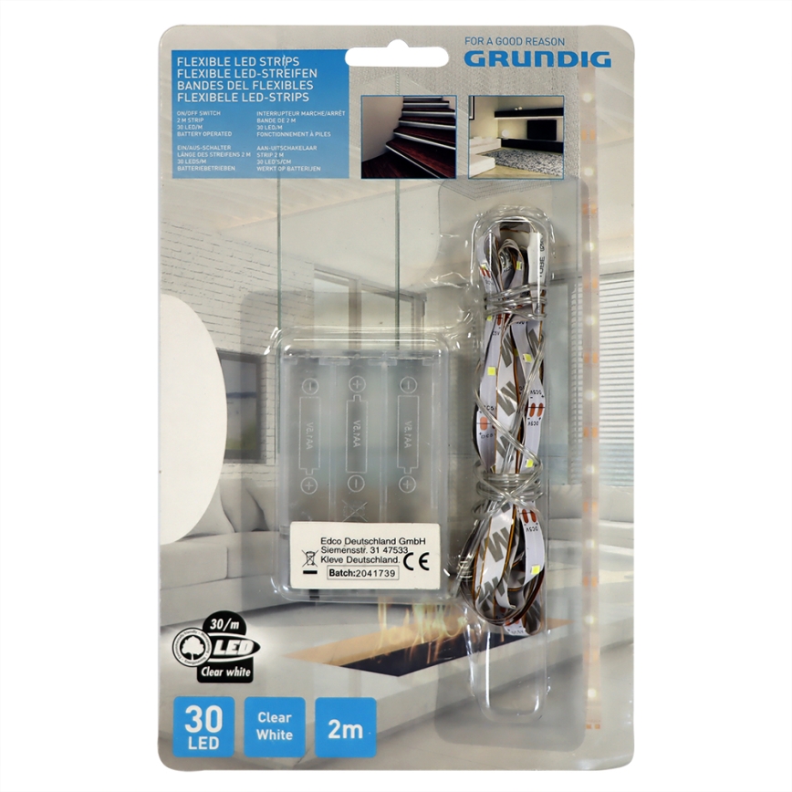 Grundig - LED-nauha 2m LED/3xAA päivänvalo valkoinen