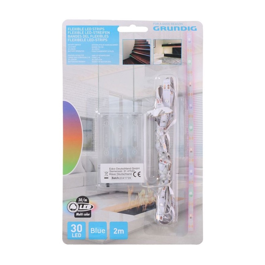 Grundig - LED-nauha 2m LED/3xAA sininen