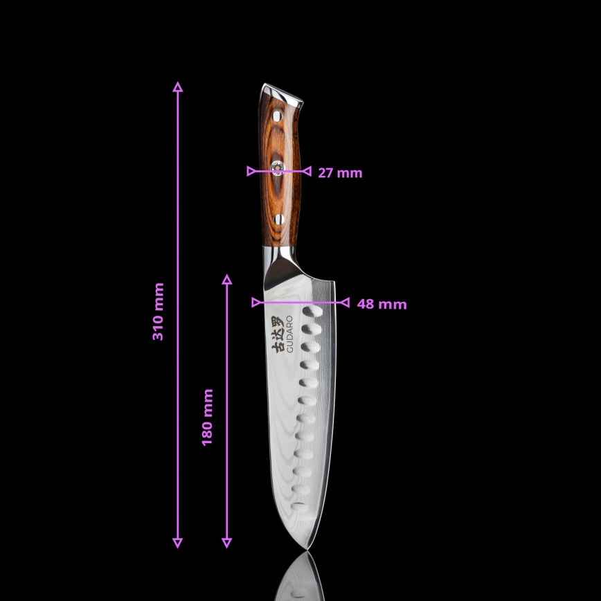 Gudaro - Damaskiteräinen Santoku-keittiöveitsi FENG 7,5, 67 kerrosta terästä, pituus 18 cm