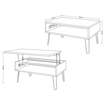 Sohvapöytä nostettavalla kannella ja hyllyllä HALIJA harmaa betoni/musta