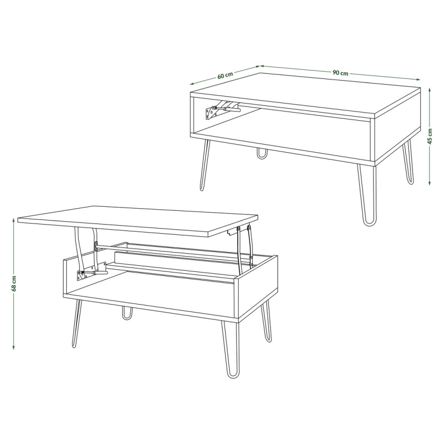 Sohvapöytä nostettavalla kannella ja hyllyllä HALIJA harmaa betoni/musta