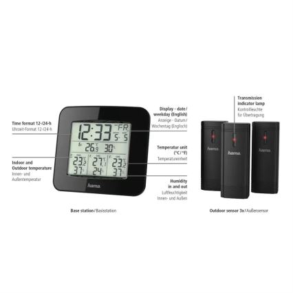 Hama - Sääasema LCD-näytöllä ja herätyskellolla 3xAAA + 3x anturi 2xAA