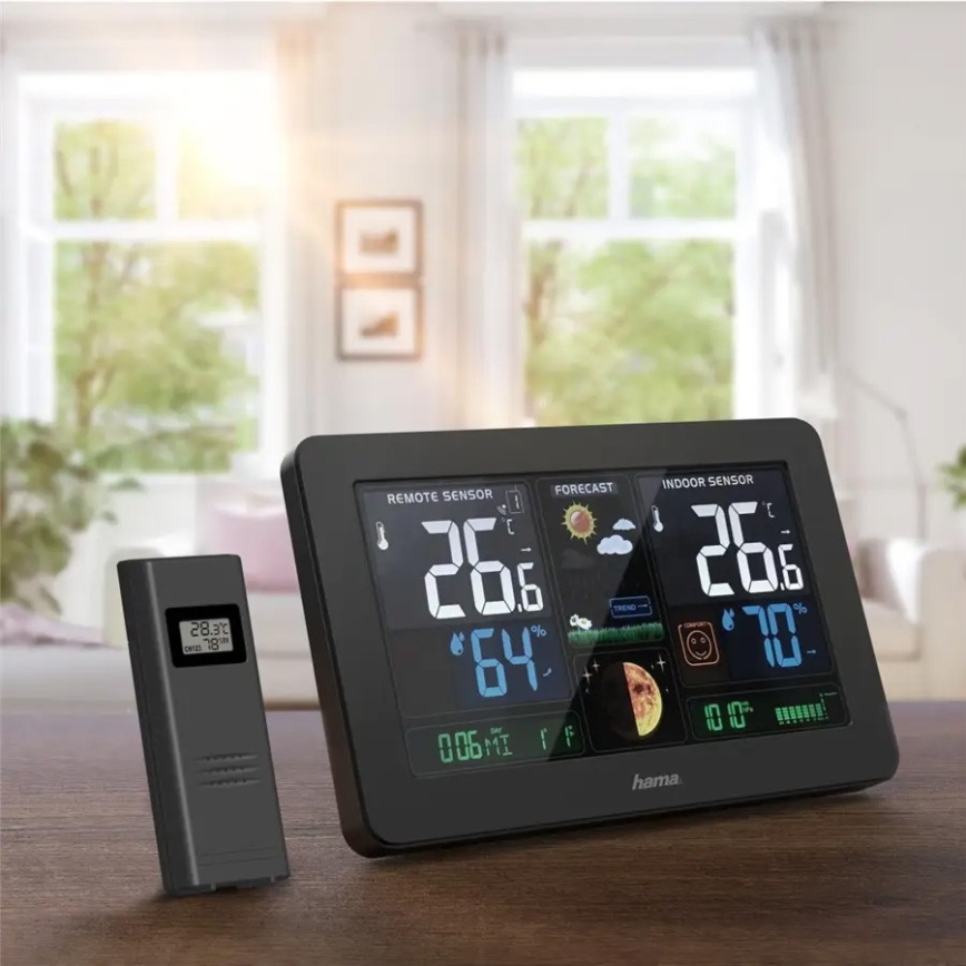 Hama - Sääasema värillisellä LCD-näytöllä ja herätyskellolla + USB musta