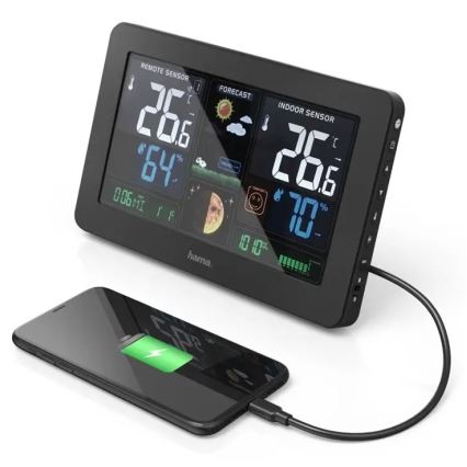 Hama - Sääasema värillisellä LCD-näytöllä ja herätyskellolla + USB musta
