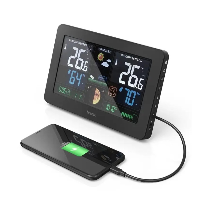 Hama - Sääasema värillisellä LCD-näytöllä ja herätyskellolla + USB musta