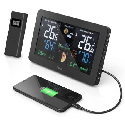 Hama - Sääasema värillisellä LCD-näytöllä ja herätyskellolla + USB musta