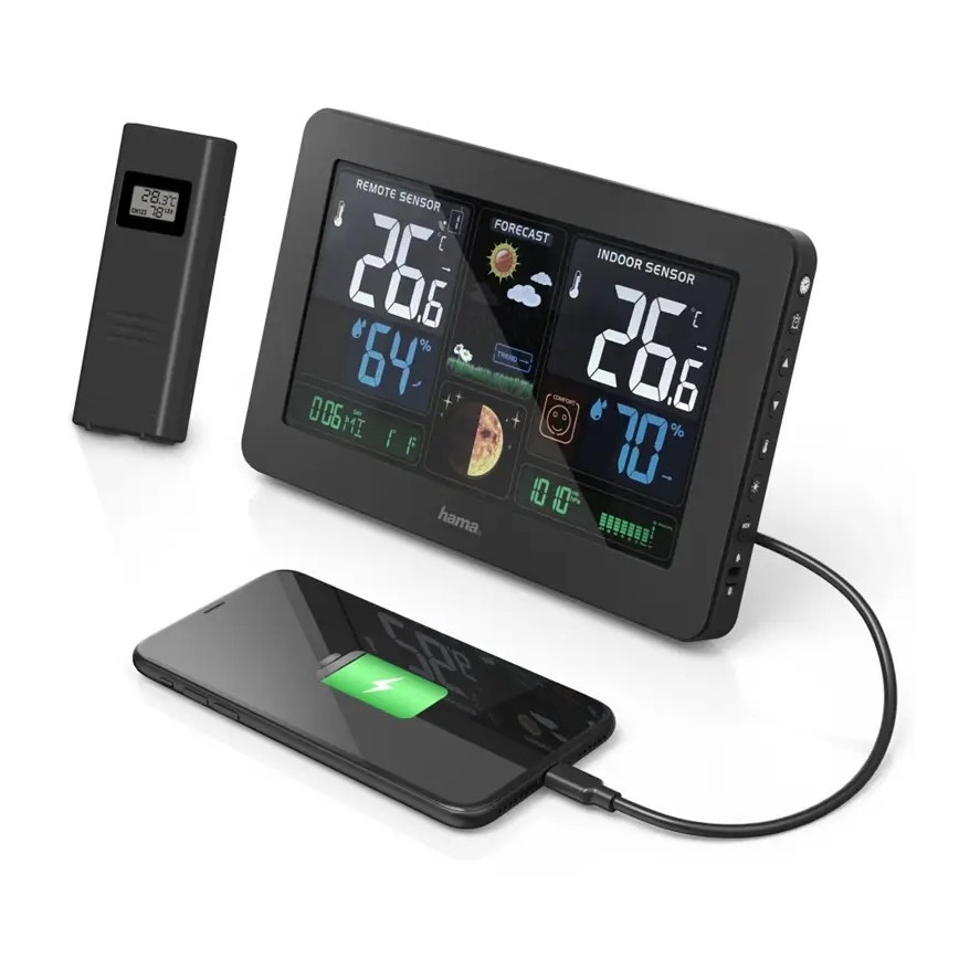 Hama - Sääasema värillisellä LCD-näytöllä ja herätyskellolla + USB musta