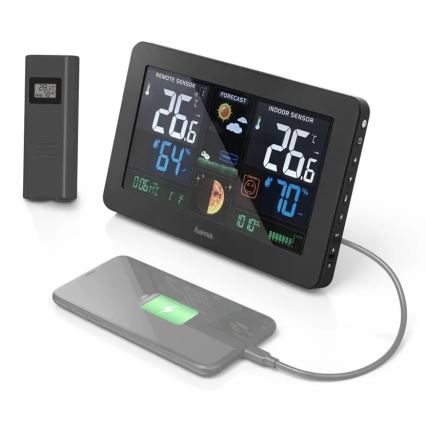 Hama - Sääasema värillisellä LCD-näytöllä ja herätyskellolla + USB musta