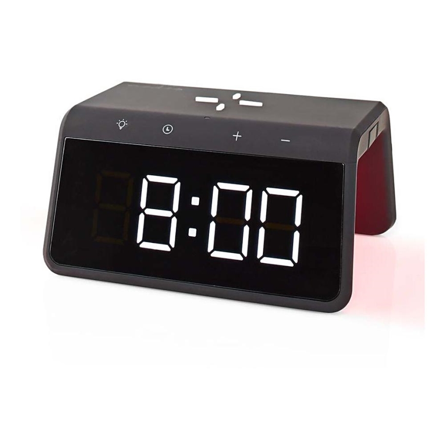 Herätyskello LCD-näytöllä ja langattomalla laturilla 15W/230V musta