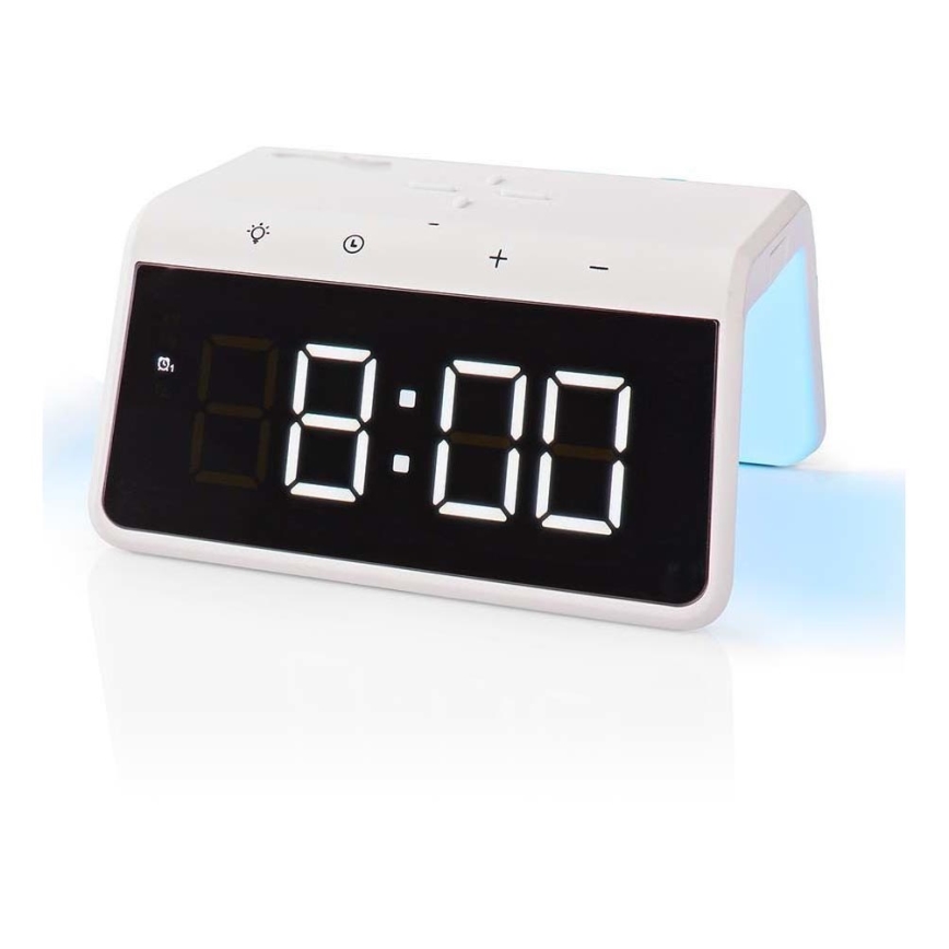 Herätyskello LCD-näytöllä ja langattomalla laturilla 15W/230V valkoinen