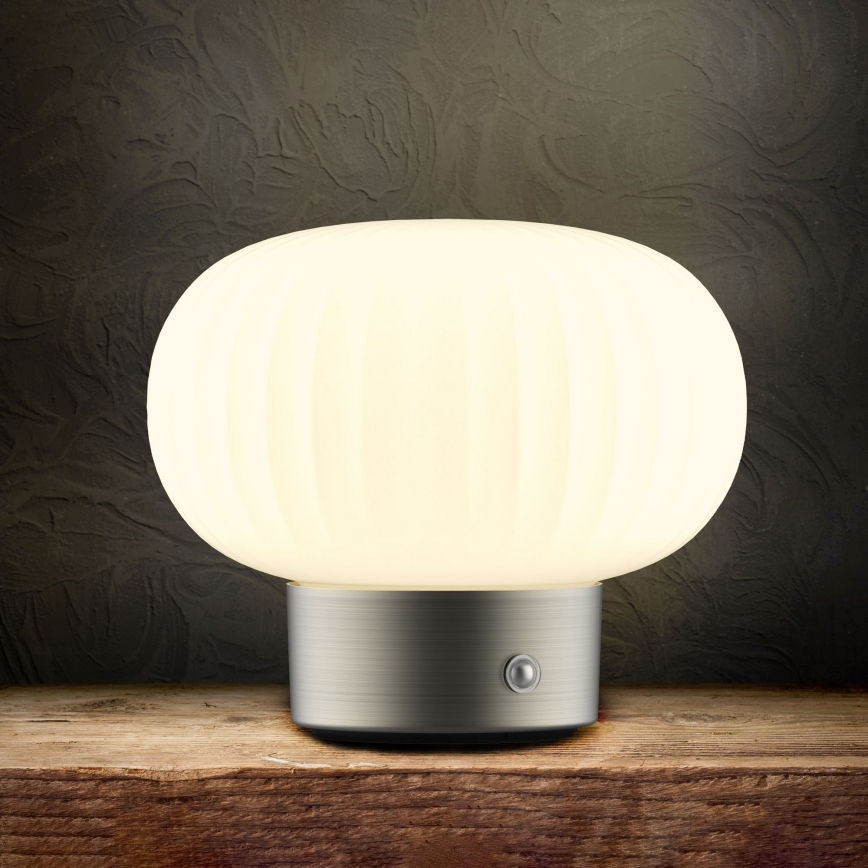Himmennettävä LED-kosketuspöytävalaisin LATTE LED/1,8W/5V USB 2000 mAh mattakromi/valkoinen
