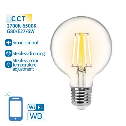 Himmennettävä LED-polttimo FILAMENT G80 E27/6W/230V 2700-6500K Wi-Fi - Aigostar