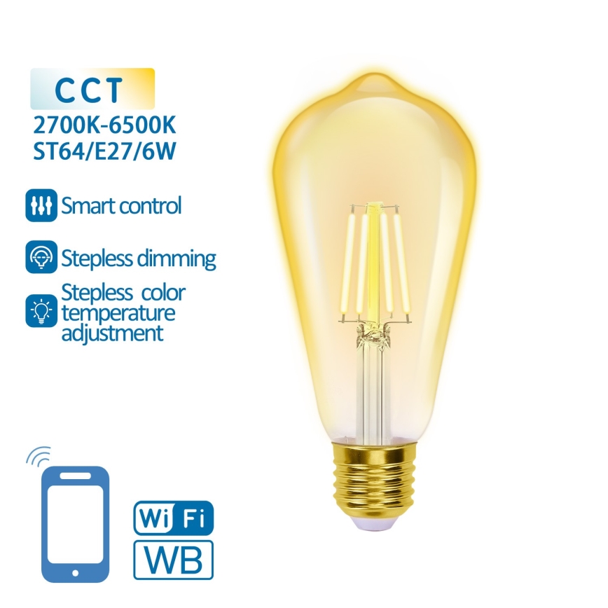 Himmennettävä LED-polttimo FILAMENT ST64 E27/6W/230V 2700-6500K Wi-Fi - Aigostar