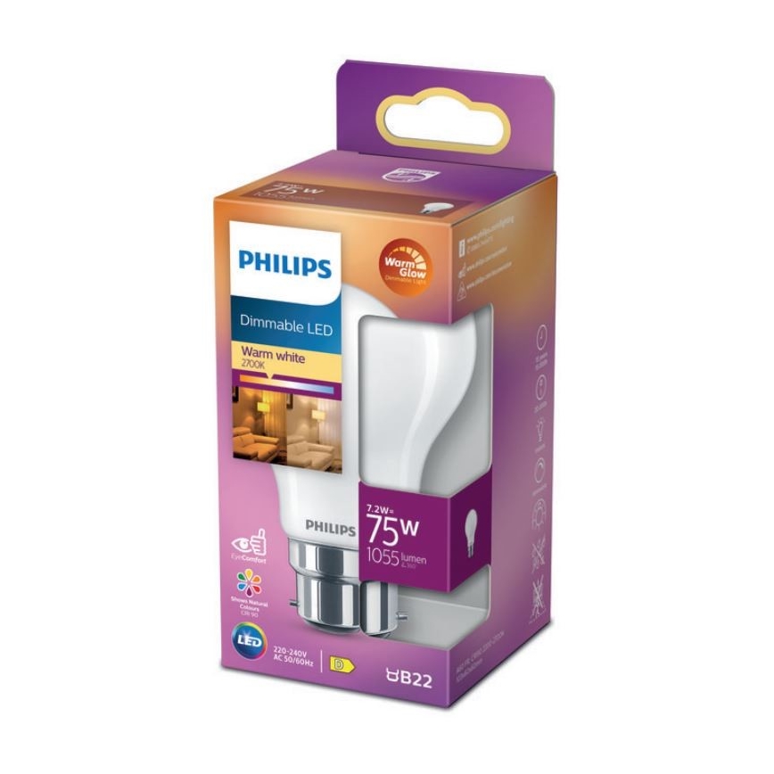 Himmennettävä LED-polttimo Philips Warm Glow A60 B22/7,2W/230V 2200-2700K CRI 90