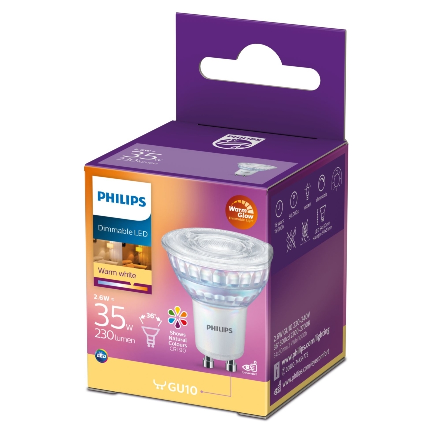 Himmennettävä LED-polttimo Philips Warm Glow GU10/2,6W/230V 2200-2700K CRI 90