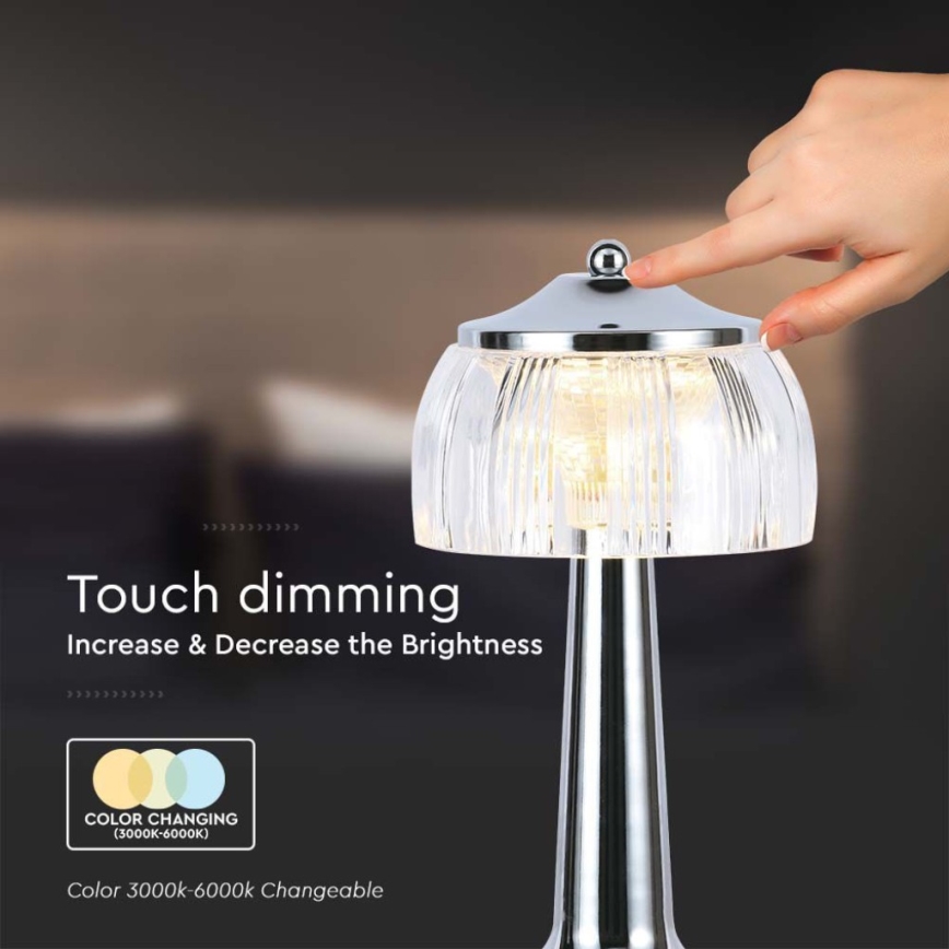 LED Himmennettävä ladattava kosketuspöytävalaisin LED/1W/5V 3000-6000K 1800 mAh kiiltävä kromi